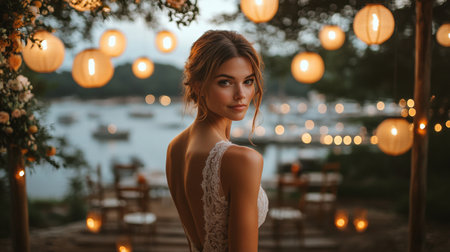 Elegant Bride Stands Gracefully by the Water With Glowing Lanterns and Soft Lights Illuminating the Romantic Outdoor Setting During Dusk Generative AIの素材