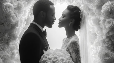 Beautiful Couple Engages in a Tender Moment During a Wedding Ceremony Surrounded by White Roses in a Romantic Setting Generative AIの素材