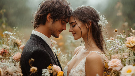 Couple Exchanging Vows in a Beautiful Meadow Filled With Flowers Amidst Gentle Rain During a Romantic Outdoor Wedding Ceremony Generative AIの素材