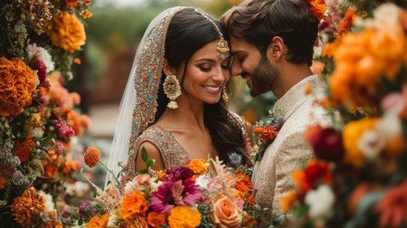 Couple Shares a Romantic Moment Surrounded by Vibrant Floral Arrangements During Their Wedding Ceremony in an Outdoor Venue at Sunset Generative AIの素材