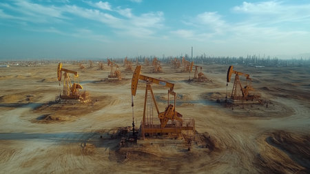 Oil Extraction Process Taking Place at a Large Petroleum Site With Multiple Drilling Rigs Operating Under a Cloudy Sky in a Remote Area Generative AIの素材