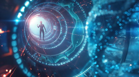 A figure stands in a glowing space tunnel, surrounded by swirling DNA patterns and futuristic dataの素材
