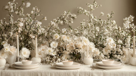 Elegant Dining Table Beautifully Decorated With White Flowers and Candles for a Special Gathering in a Bright Indoor Space During Springtime Generative AIの素材