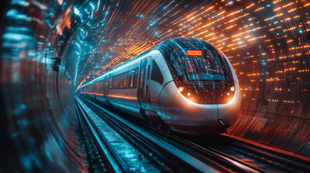 Advanced Autonomous Smarttrain Navigating Through Futuristic Tunnel With Illuminated Surroundings Enhancing Transportation Efficiency and Infrastructure Development Generative AIの素材