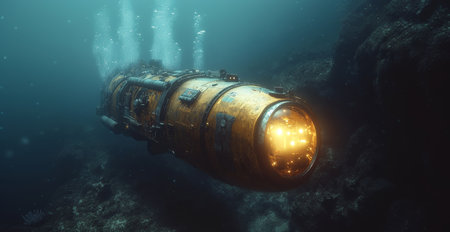 Exploration of ocean depths with a submarine robot in a vibrant underwater world Generative AIの素材