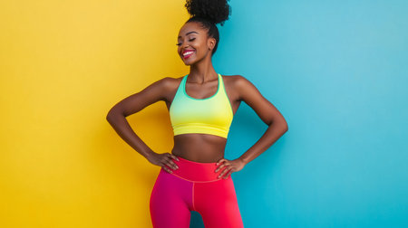 Sporty woman poses confidently against a pastel background in vibrant fitness attire Generative AIの素材