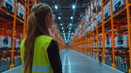 Transportation Professional Observing Operations in a Modern Logistics Center During Daylight Hours Generative AIの素材