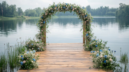 Beautiful Floral Arch on a Wooden Pier Overlooking a Serene Lake Surrounded by Lush Greenery in the Early Morning Sunlight Generative AIの素材