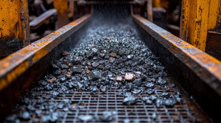 Process of Mineral Extraction Involves the Movement of Crushed Rock Along a Conveyor Belt in an Industrial Setting During Daylight Hours Generative AIの素材