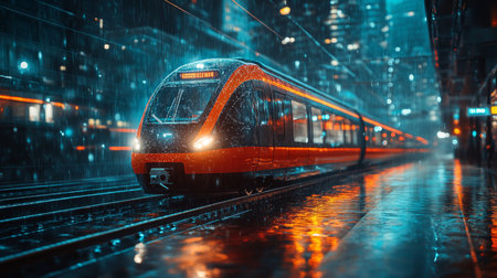 Innovative Autonomous Train Operates in Urban Environment During Rainy Night, Showcasing Advanced Technology and Smart Infrastructure Generative AIの素材