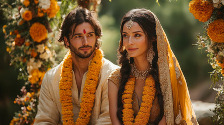 Couple Dressed in Traditional Attire Adorned With Flowers During a Celebration in a Scenic Outdoor Setting at Sunset Generative AIの素材