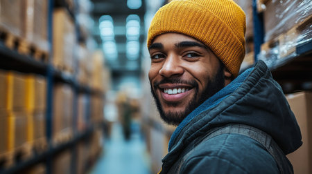 Warehouse Worker Smiling While Surrounded by Shelves of Packaged Products in a Logistics Center During Daytime Generative AIの素材