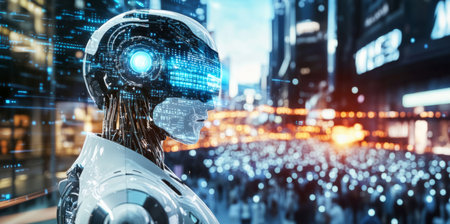 Robot explores humanity and consciousness in a futuristic city setting Generative AIの素材