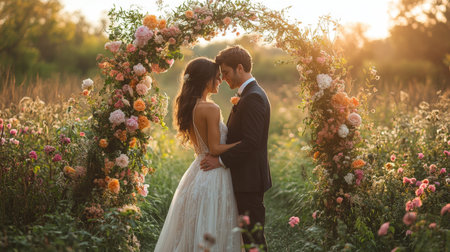Couple Exchanges Vows Under a Floral Arch During Golden Hour in a Serene Meadow, Surrounded by Blooming Flowers and Vibrant Colors Generative AIの素材