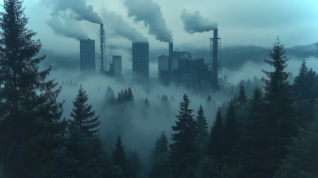 Industrial Powerplant Surrounded by Foggy Forest With Smoke Emissions Indicates Energy Generation and Environmental Impact Generative AIの素材