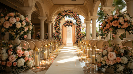 Elegantly Decorated Wedding Ceremony Venue Featuring Floral Arrangements and Candles, Serene Ambiance in a Luxurious Setting Generative AIの素材