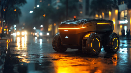 Automated Delivery Robot Navigates Urban Streets on a Rainy Evening Showcasing Technology in Logistics and Transportation Generative AIの素材