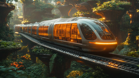 Innovative Smarttrain Traversing Lush, Automated Landscape With Advanced Infrastructure and AI Technology in a Harmonious Environment Generative AIの素材