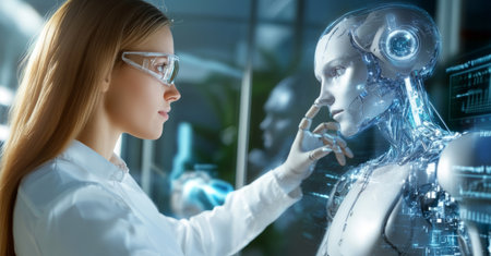 Exploring human connection with a synthetic robot in a futuristic lab environment Generative AIの素材