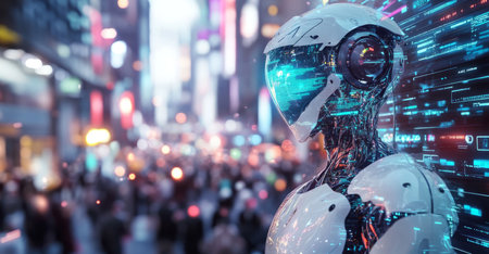 Synthetic robot explores humanitys consciousness in a futuristic urban landscape Generative AIの素材