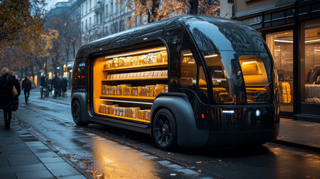 Innovative Autonomous Delivery Vehicle Transforming Logistics With Automated Mobile Shopping Alternatives in Urban Environments Generative AIの素材