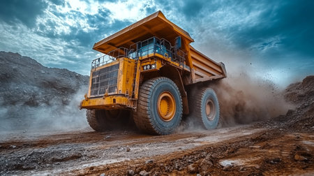 Massive Dump Truck Operating in a Dusty Mining Site, Emphasizing Heavy Machinery in Mineral Extraction Generative AIの素材