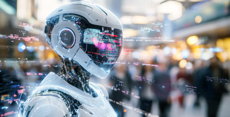 A futuristic robot stands in a bustling urban environment, showcasing advanced technologyの素材