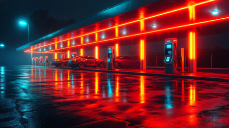 Innovative Electric Vehicle Charging Station Features Vibrant Illumination in a Nighttime Urban Environment Generative AIの素材