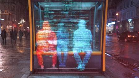 Virtual Interplay of Identities at a Futuristic Bus Stop as Avatars Blend With Physical Presence in a Cybernetic Society Generative AIの素材