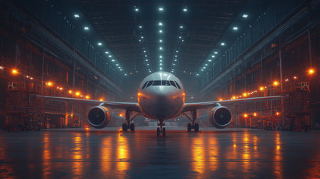 Large Aircraft Undergoing Maintenance in a Well Lit Industrial Hangar With Advanced Engineering Facilities at Night Generative AIの素材