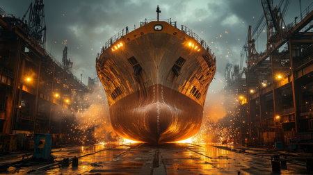 Massive Ship Launch at a Shipbuilding Yard Showcasing Dynamic Engineering and Infrastructure Development During Industrial Twilight Generative AIの素材