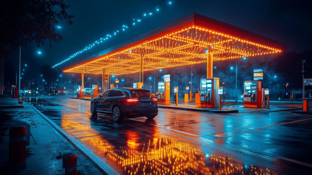 Modern Electric Vehicle Charging Station Illuminated at Night With Rain Reflecting Vibrant Lights, Showcasing Advancements in Transportation and Renewable Energy Generative AIの素材