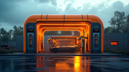 Innovative Electric Vehicle Charging Station Features Advanced Automation and Renewable Energy Technology Generative AIの素材