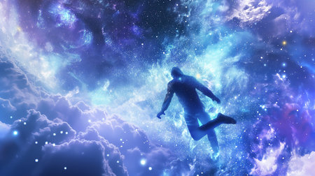 A human figure floats in a colorful cosmic space of stars, symbolizing evolution and immortalityの素材