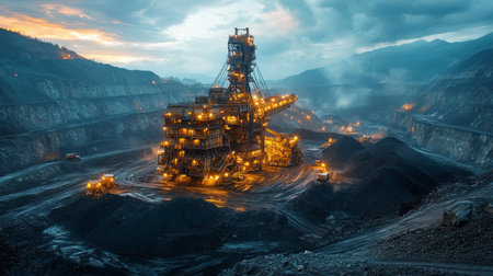 Large scale Mining Operation Extracting Minerals and Processing Coal in an Industrial Quarry During Twilight Hours Generative AIの素材