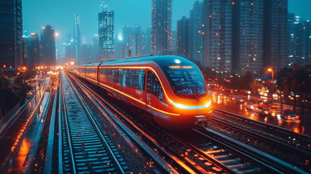 Modern Train Operates Efficiently on Illuminated Tracks in a Bustling City During a Rainy Evening Showcasing Advanced Mobility and Control Systems Generative AIの素材
