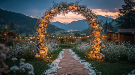 Magical Wedding Arch Adorned With Flowers and Fairy Lights Enhances the Beauty of a Mountainous Garden at Twilight Generative AIの素材