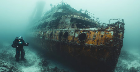 Exploration of a sunken shipwreck by a remote submarine robot in deep ocean Generative AIの素材