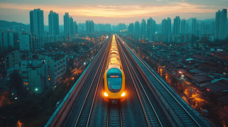 High speed Train Travels Through Urban Landscape at Dusk, Showcasing Advanced Transportation and Infrastructure Developments Generative AIの素材