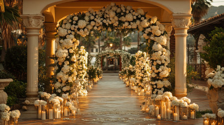 Stunning Floral Archway Lined With Candles Leads to a Romantic Wedding Ceremony at Sunset in a Beautiful Garden Setting Generative AIの素材