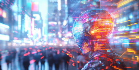 A robot stands in a bustling metropolis at night, illuminated by vibrant neon lightsの素材