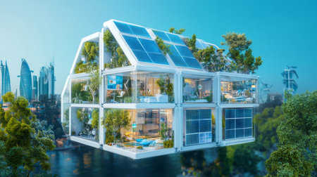 Innovative Green Architecture Showcases Renewable Energy and Smartcity Concepts in a Futuristic Urban Landscape Generative AIの素材