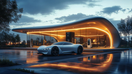 Modern Electric Vehicle Charging Station Showcasing Advanced Design and Technology in a Serene Urban Setting During Twilight Generative AIの素材
