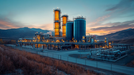 Energy Generation Facility With Illuminated Structures in a Mountainous Region at Dusk Provides Essential Infrastructure for Power Production and Extraction Activities Generative AIの素材