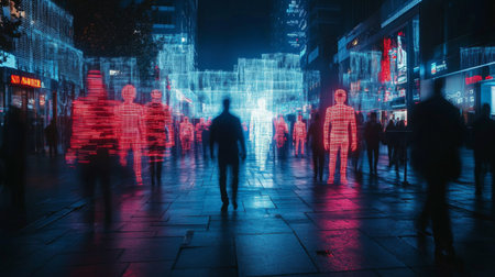 Exploring a Futuristic Urban Landscape Where Holographic Avatars Populate a Vibrant Cyberspace, Showcasing the Intersection of Life and AI governance in a Posthuman Society Generative AIの素材