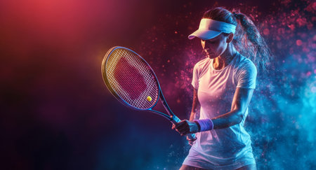 Tennis player showcasing skill in vibrant background during an intense match Generative AIの素材