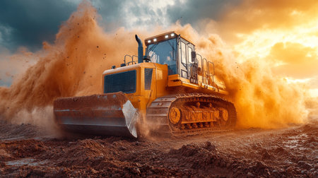 Massive Bulldozer Working at a Mining Site in the Golden Hour, Creating Dust Clouds and Showcasing the Power of Machinery in Mineral Extraction and Excavation Activities Generative AIの素材