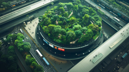 Innovative Smart City Concept Showcasing a Vibrant Green Space Integrated Within Urban Infrastructure for Fostering Biodiversity and Sustainability Generative AIの素材