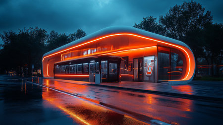 Innovative EV Charging Station Exemplifying Modern Mobility Solutions in an Urban Environment Illuminated at Night Generative AIの素材