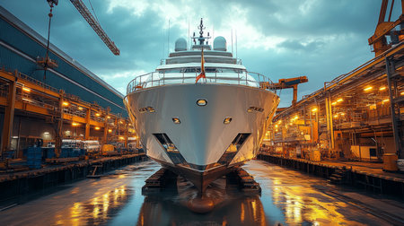 Massive Yacht Under Construction in Shipyard Amidst Cranes and Industrial Infrastructure During Sunset Generative AIの素材
